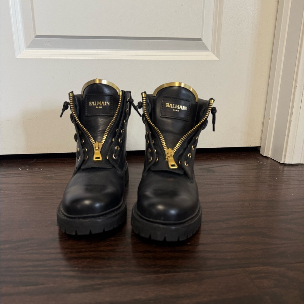 Balmain Black Leather Boots with Gold Accents